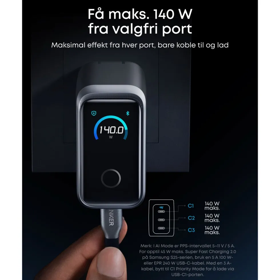 Anker Prime Charger 160 W – USB-C-lader med 3 porter og display