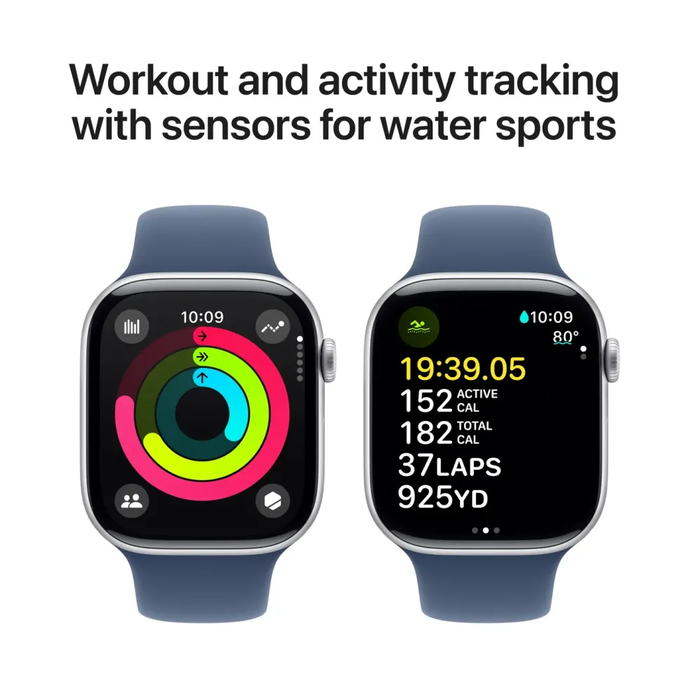 Apple Watch Series 10 GPS 46 mm Silver Case med Denim Sport band S/M