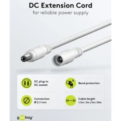 DC-forlengelseskabel 5,5x2,1 mm 3 m Hvit