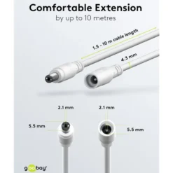 DC-forlengelseskabel 5,5x2,1 mm 3 m Hvit