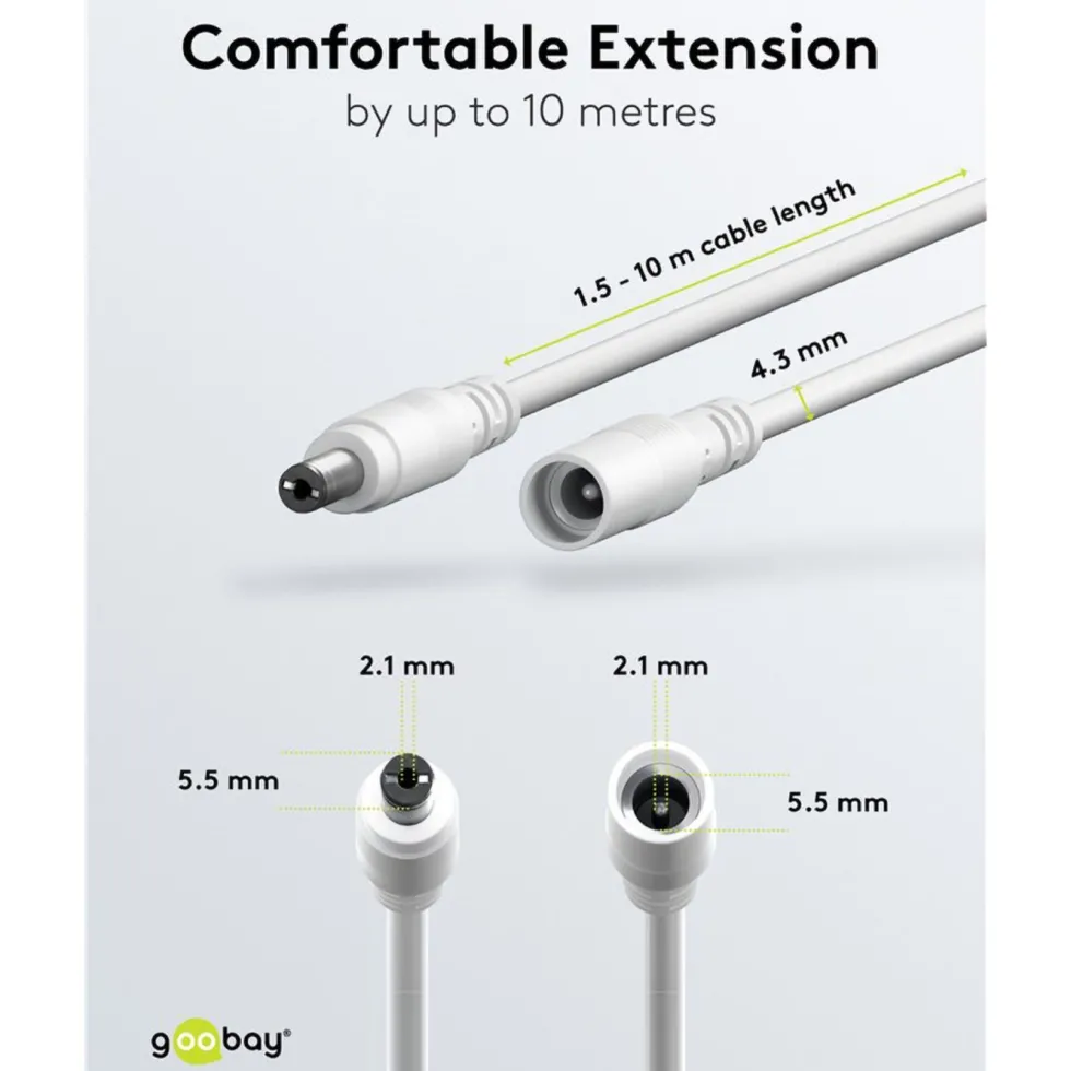 DC-forlengelseskabel 5,5x2,1 mm 3 m Hvit
