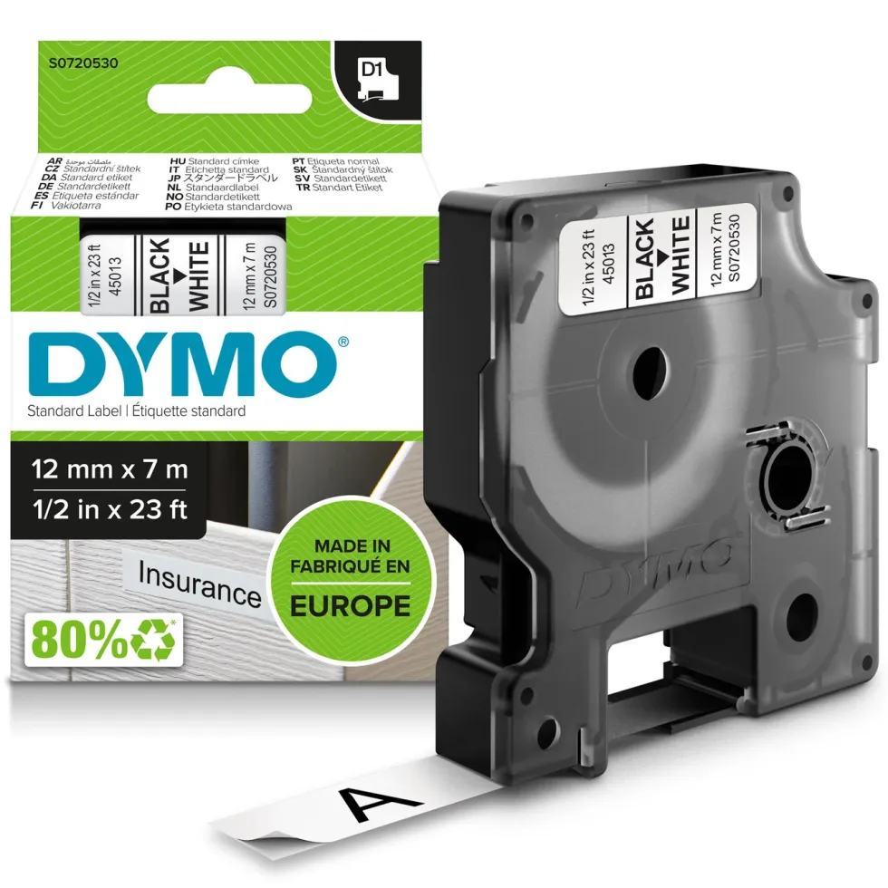 Dymo D1-merketape 12 mm Hvit