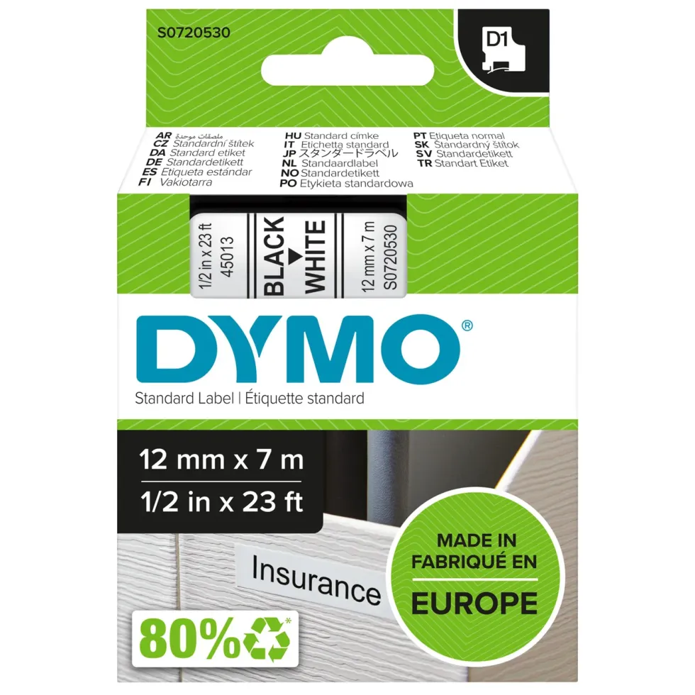 Dymo D1-merketape 12 mm Hvit