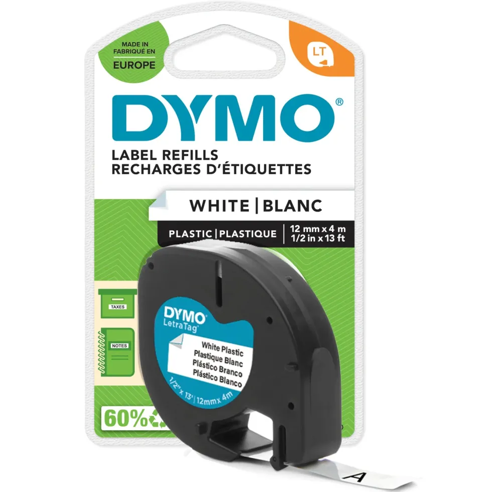 Dymo Letratag merketape av plast 12 mm Hvit