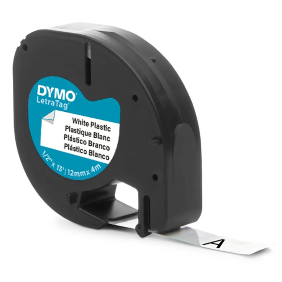 Dymo Letratag merketape av plast 12 mm Hvit