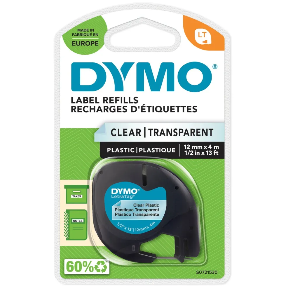 Dymo Letratag merketape av plast 12 mm Klar