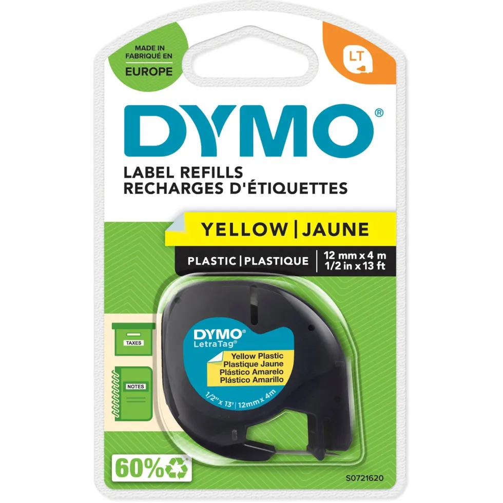 Dymo Letratag merketape av plast 12 mm Gul