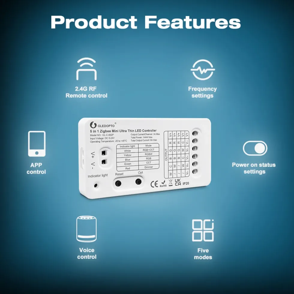Gledopto 5 in 1 Mini Zigbee-kontroller for LED-belysning