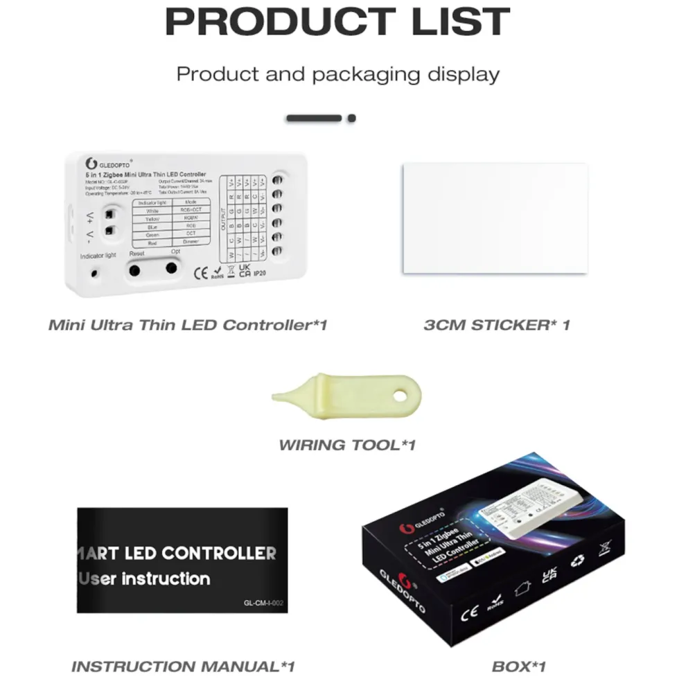 Gledopto 5 in 1 Mini Zigbee-kontroller for LED-belysning
