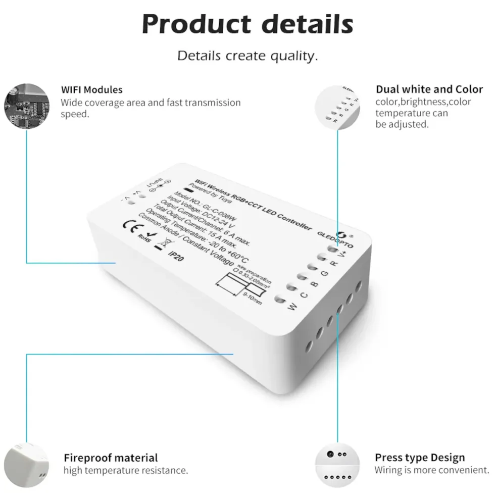 Gledopto RGB+CCT Wifi-kontroller for LED-list