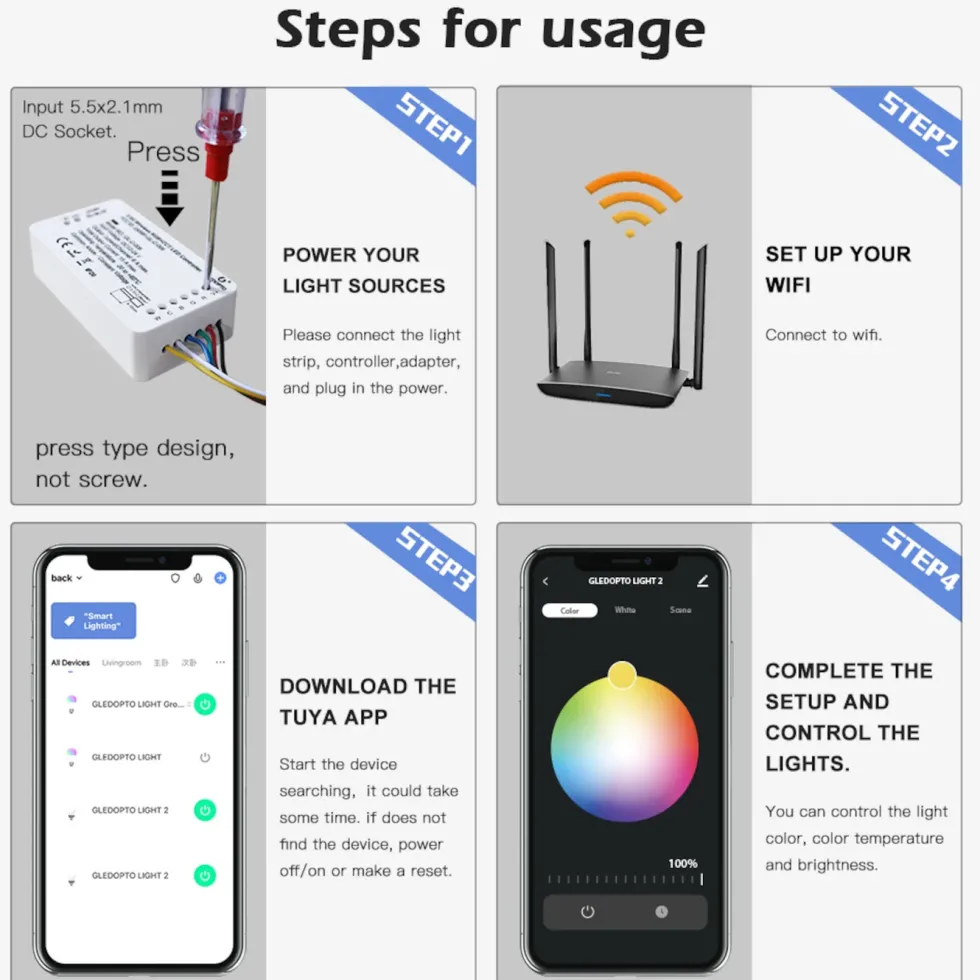 Gledopto RGB+CCT Wifi-kontroller for LED-list