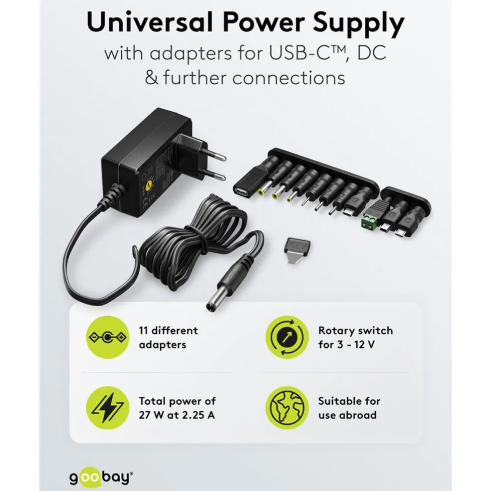 Justerbar strømadapter 3–12 V (DC) 27 W