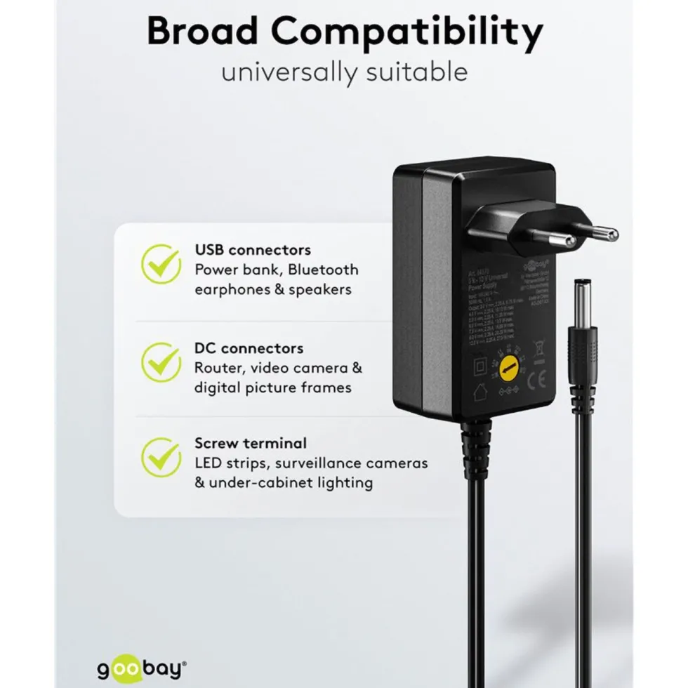 Justerbar strømadapter 3–12 V (DC) 27 W