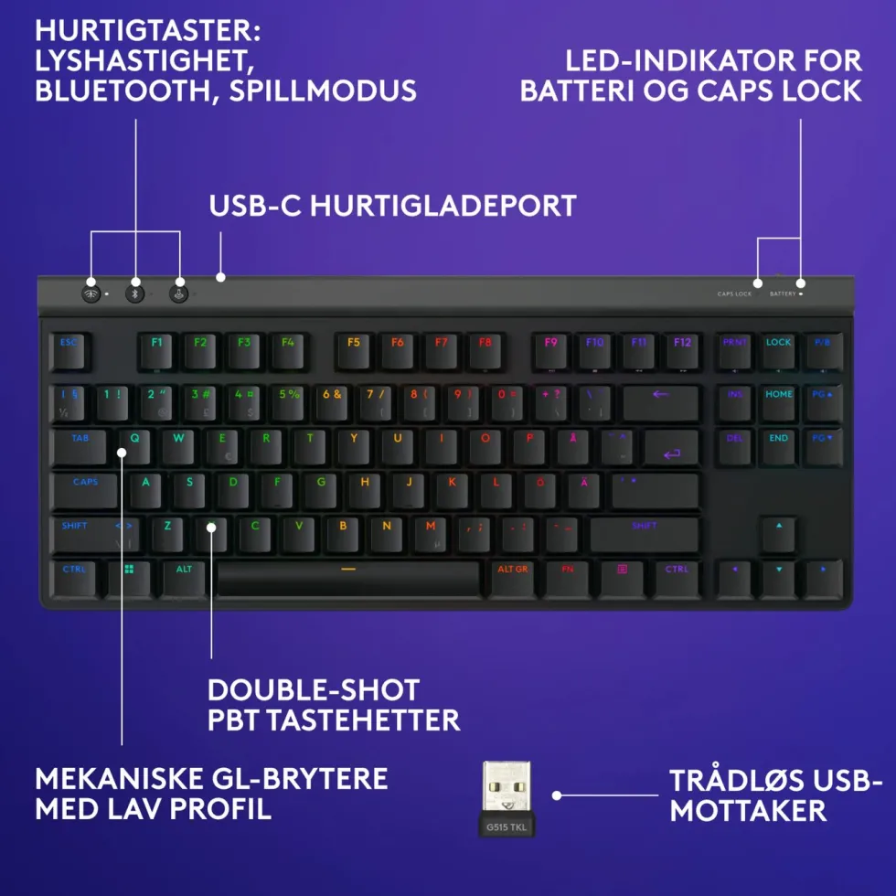 Logitech G515 Lightspeed TKL Trådløst gamingtastatur Tactile Svart