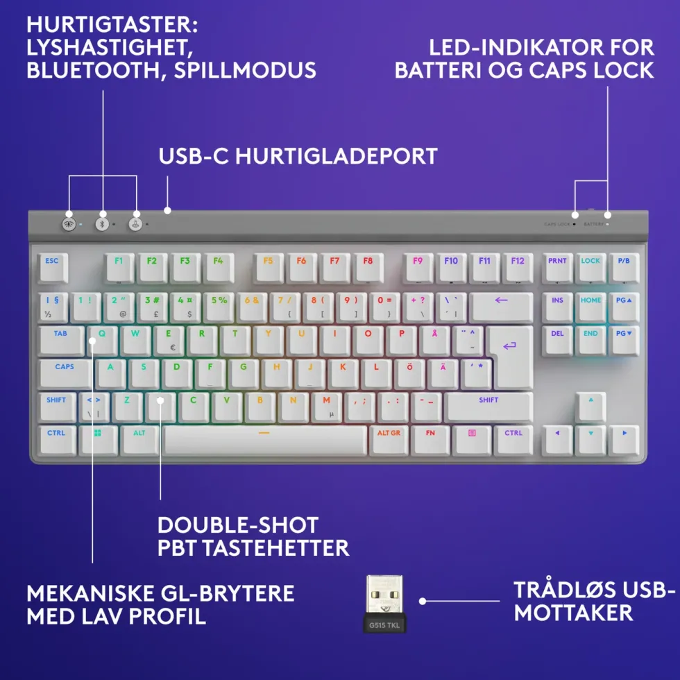 Logitech G515 Lightspeed TKL Trådløst gamingtastatur Tactile Hvit