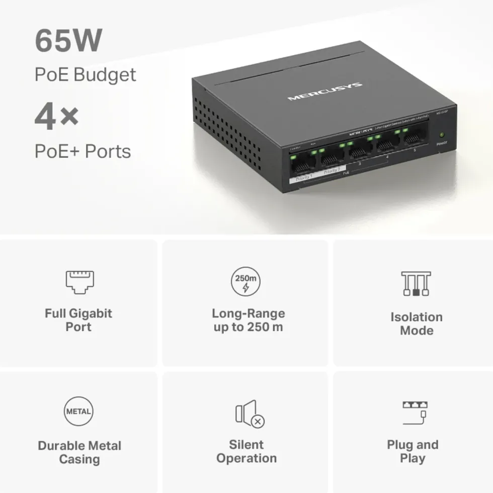 Mercusys MS105GP 5-porters gigabitswitch med POE+