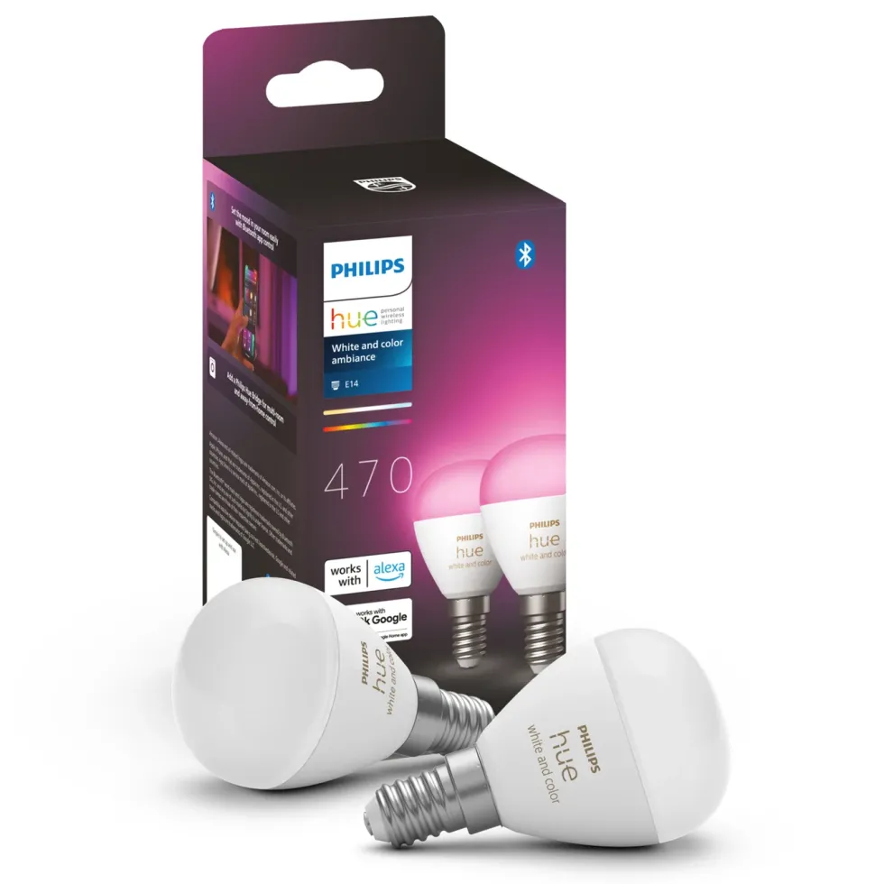 Philips Hue Luster Kuleformet LED-pære White and Color Ambiance E14 470 lm 2-pk.