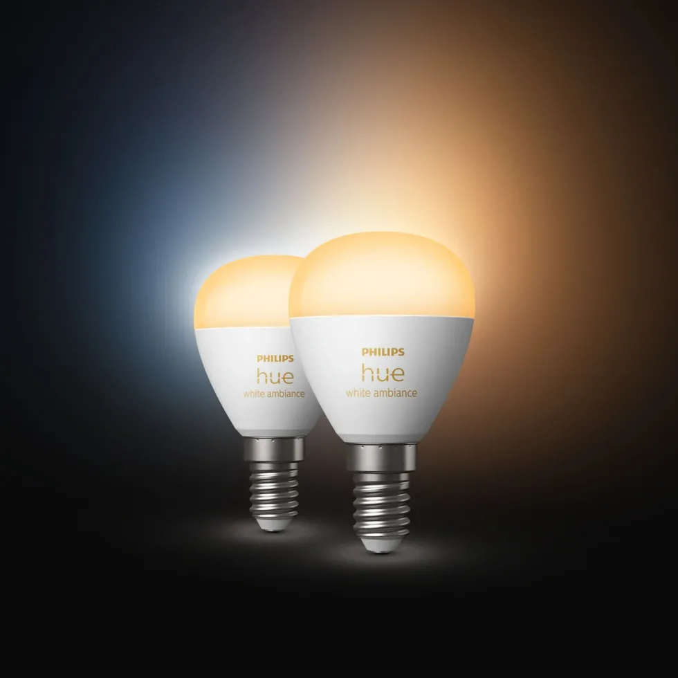 Philips Hue Luster Kuleformet LED-pære White Ambiance E14 470 lm 2-pk.