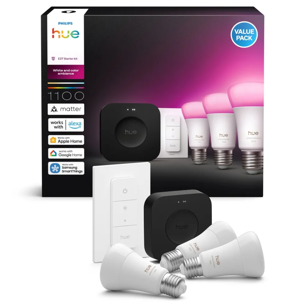Philips Hue Startpakke Pro: 3x White & Color E27 + Dimmer + Bridge Pro