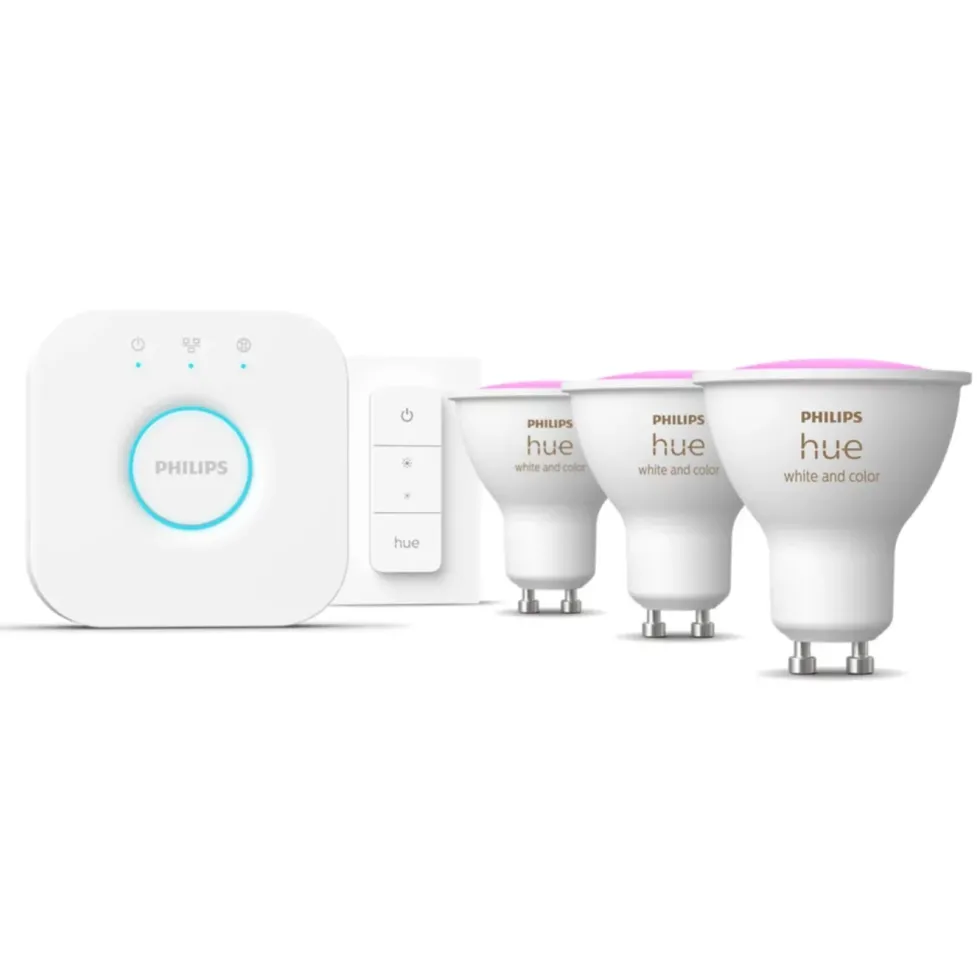 Philips Hue Startpakke: 3x White & Color GU10 + Dimmer + Bridge