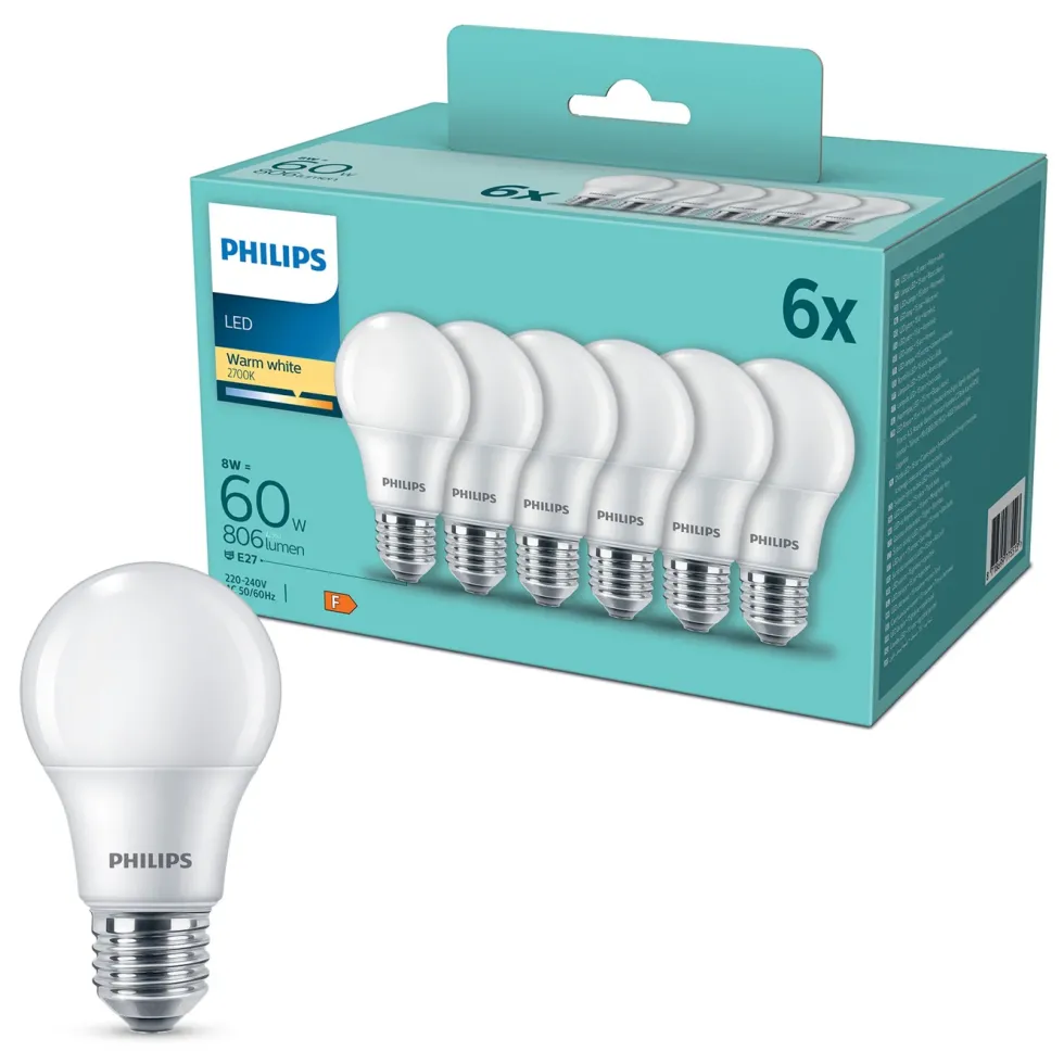 Philips LED-pære E27 806 lm 6-pk.