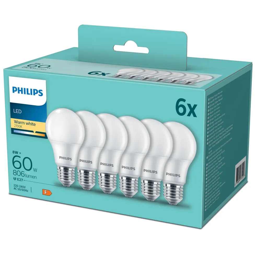 Philips LED-pære E27 806 lm 6-pk.