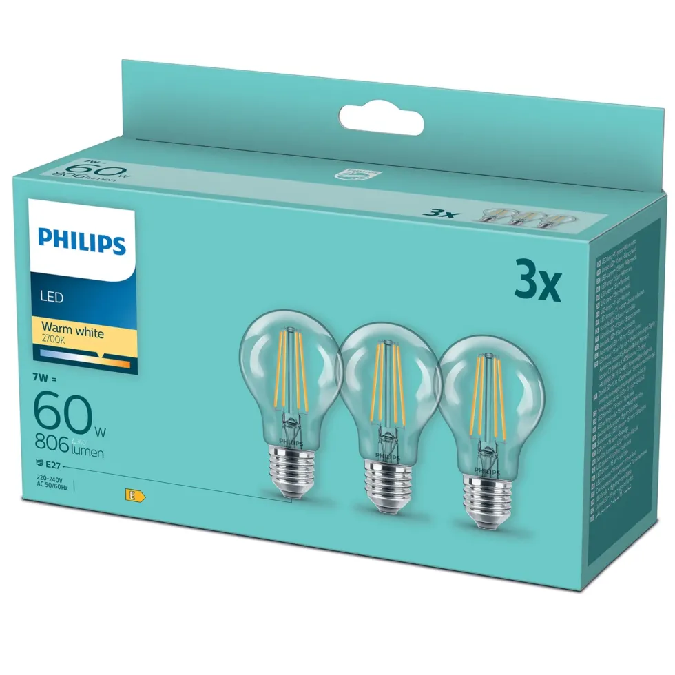 Philips LED-pære E27 806 lm 3-pk.