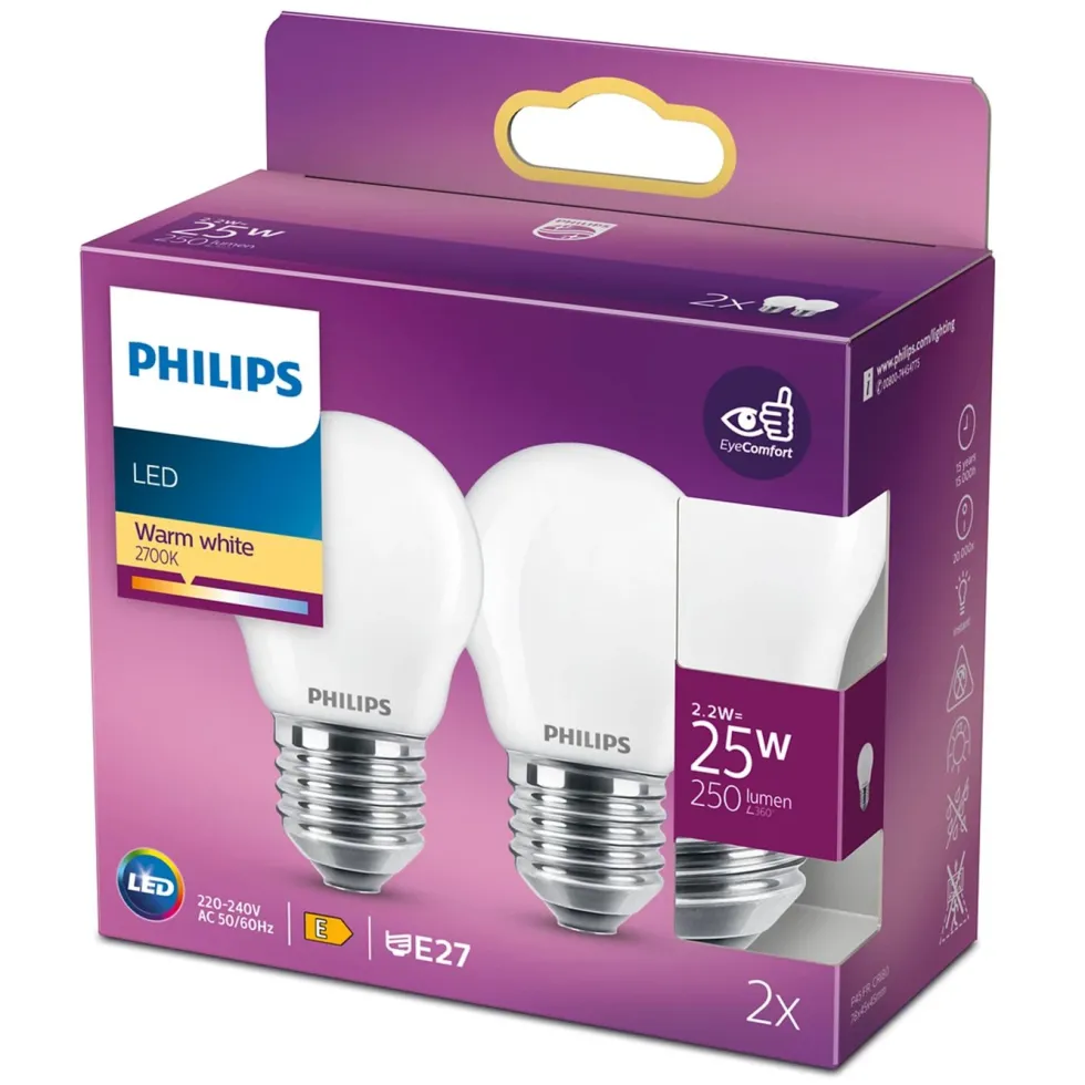 Philips Philips Kuleformet frostet LED-pære E27 250 lm 2-pk.