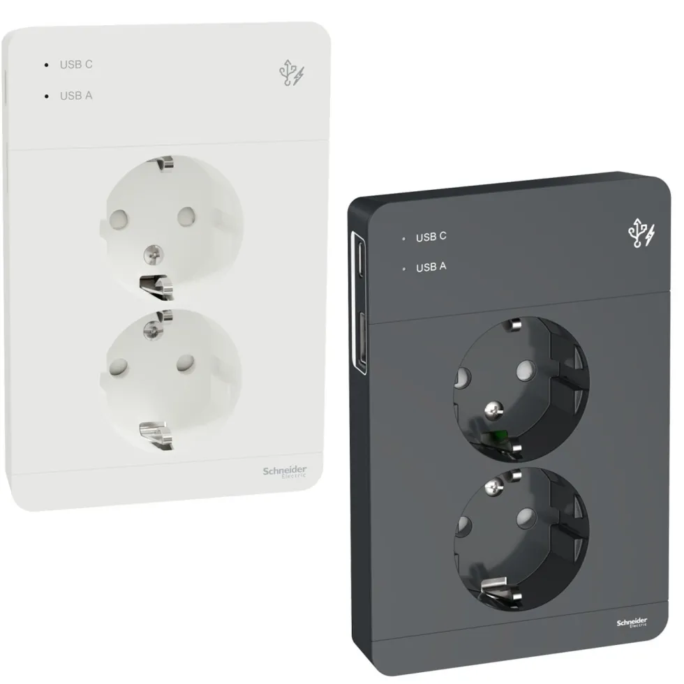 Schneider Electric Exxact Jordet vegguttak med USB-porter Hvit