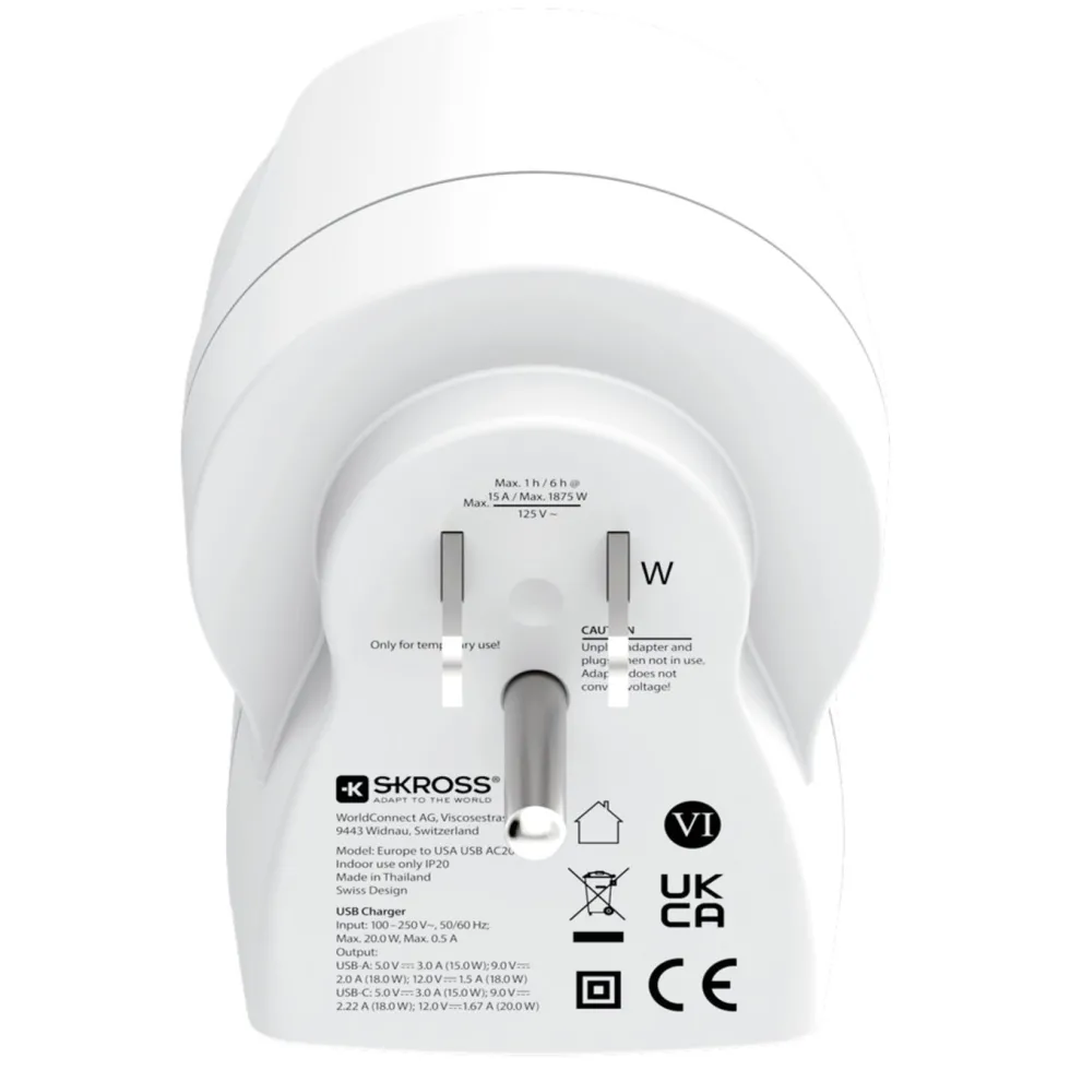 Skross Reiseadapter Europa til USA USB AC PD 20W