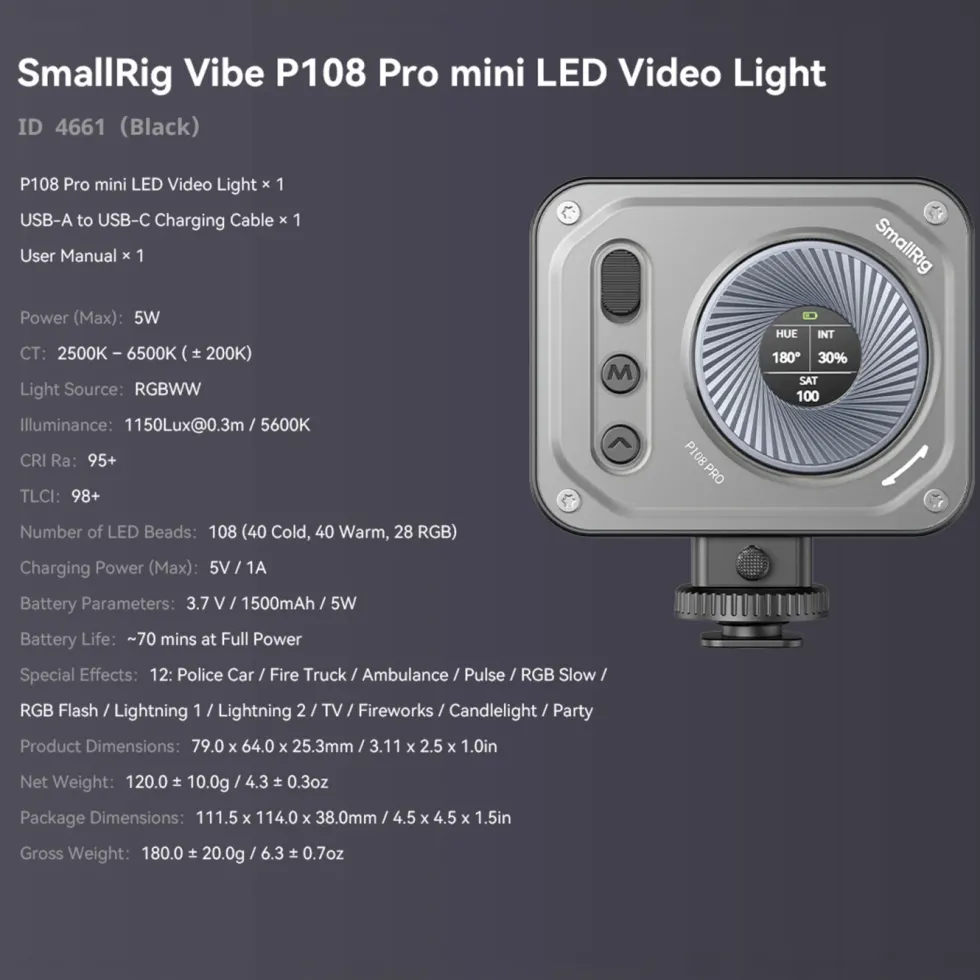SmallRig Vibe P108 Pro mini-LED-videolampe