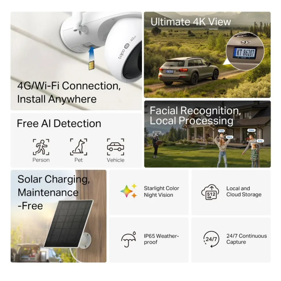 TP-Link Tapo C665G Solcelledrevet 4K Pan/Tilt overvåkingskamera med Wi-Fi/4G