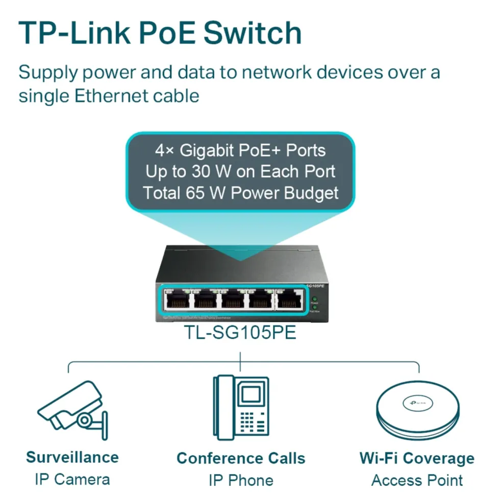 TP-Link TL-SG105PE Administrerbar gigabitswitch 5 porter PoE+