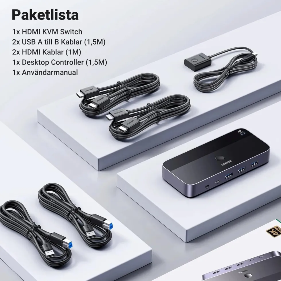 Ugreen 4K HDMI KVM-svitsj med USB 3.0 for 2 datamaskiner