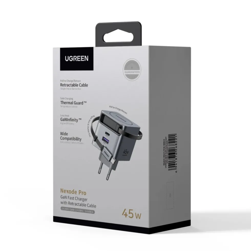 Ugreen Nexode 45 W GaN-hurtiglader med uttrekkbar USB-C-kabel 45 W