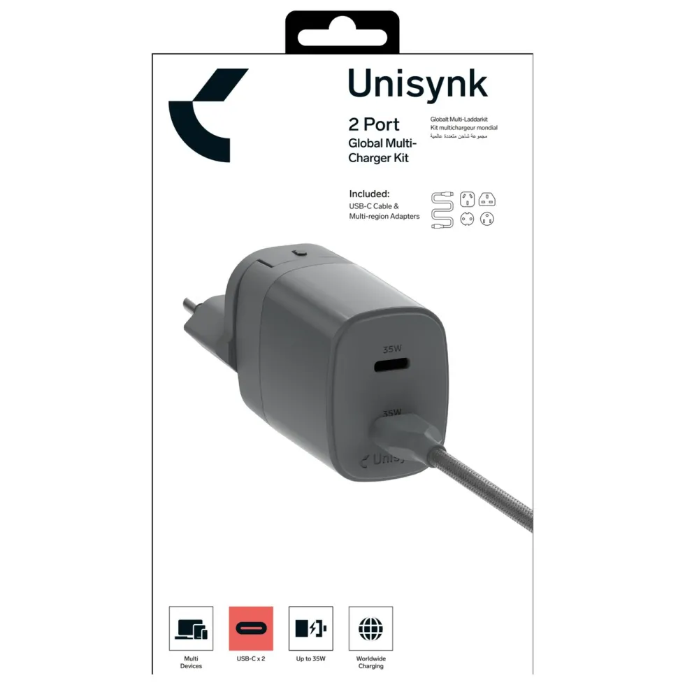 Unisynk Kompakt 2-ports lader for reisen – 35 W