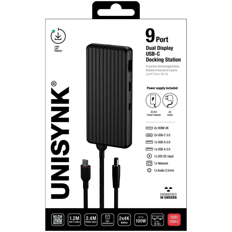 Unisynk USB-C-dokkingstasjon 9 porter 4K for to skjermer