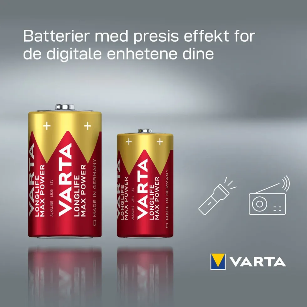 Varta Longlife Max Power D-batterier 2-pk.