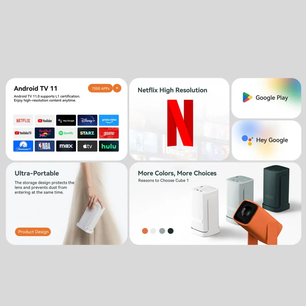 Wanbo Portabel projektor med Android TV og 360° gimbalstativ