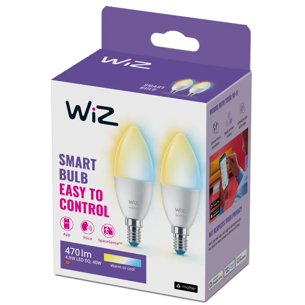 WiZ C37 Smart LED-pære E14 470 lm 2-pk.